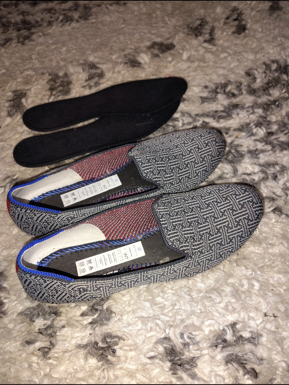 Rothy's Gray Patterned Knit Slip-On Loafers with Blue Trim